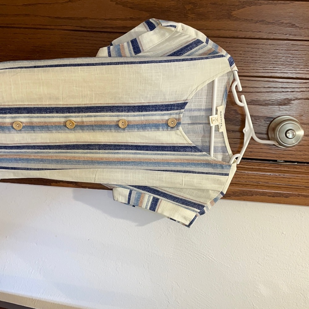 blue and cream colored jumpsuit. Brand new